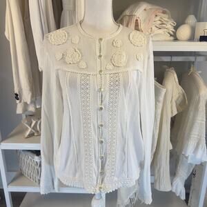 Norton McNaughton Women Sz L White Button Down Sweater w Crochet Appliques #3034